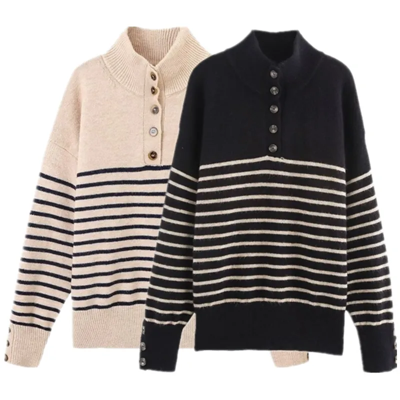 캐주얼 니트 긴팔 여성 풀오버 넥타이 가을 겨울 신상 스트라이프 프린트 패션 출퇴근 스타일 레귤러 길이