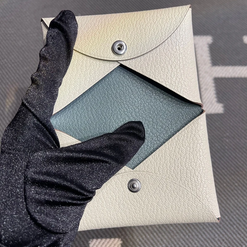 Genuine Goat Leather Key Coin Document Pouch Button Design Aged Green And Seagull Grey Spotted Wallets for Men And Women