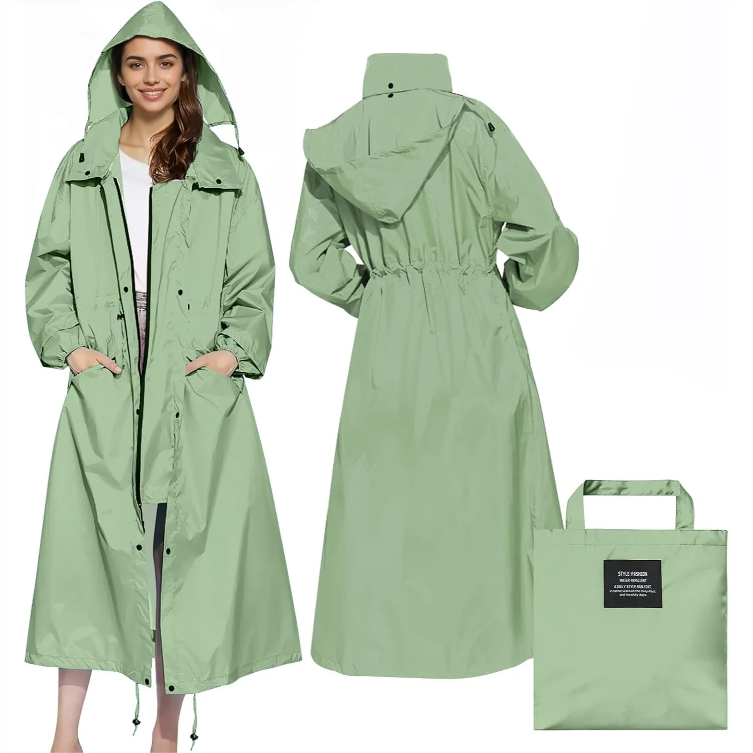 Women's Long Raincoat Hooded Lightweight Packable Windbreaker with Adjustable Waist for Outdoor Travel