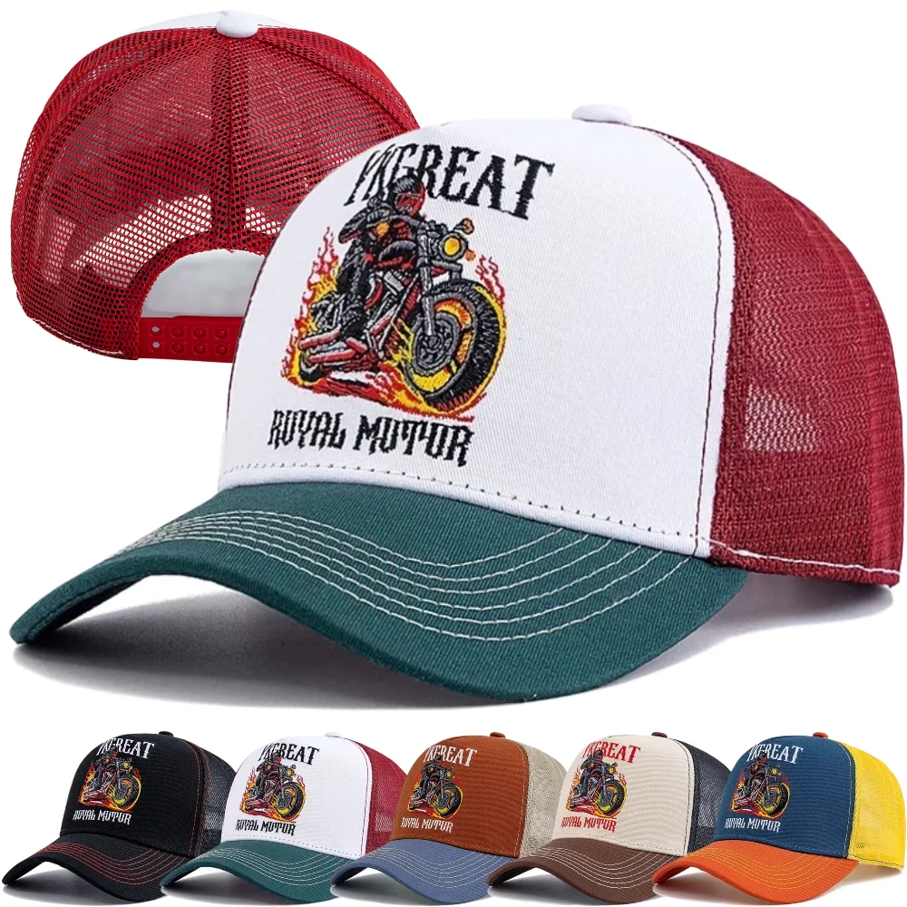 Hot Sale Motorcycle Embroidered Trucker Hat Flame Biker Patch Baseball Cap For Man Woman Breathable Streetwear Summer Mesh Caps