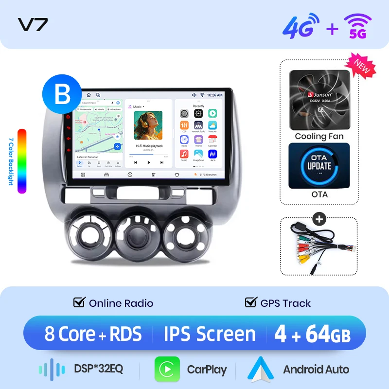 Junsun draadloze CarPlay Android Auto autoradio voor Honda Jazz Mk2 (GD) 2002-2008 met ingebouwde koelventilator, Android GPS navigatie, multimediaspeler, WiFi, DSP, RDS, BT, SWC, IPS touchscreen,
