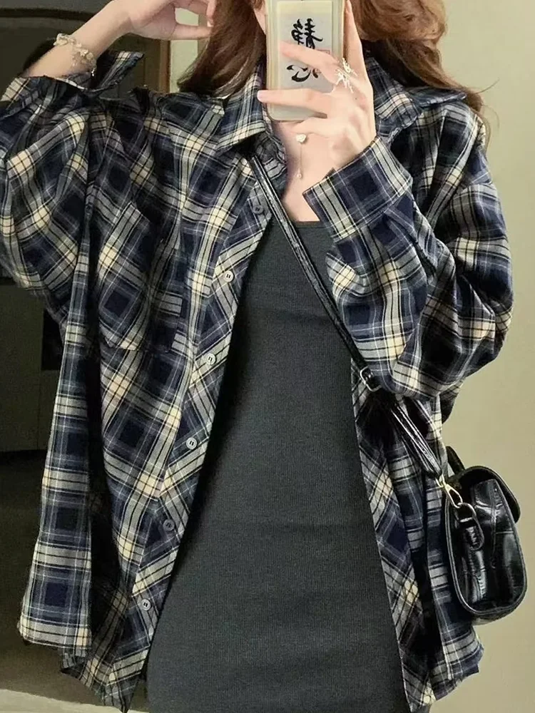 

Retro Plaid Women's irt Spring 2026 New Design Thin Sun Protection Outerwear Top Coat Loose Fit Long Sve Button Closure