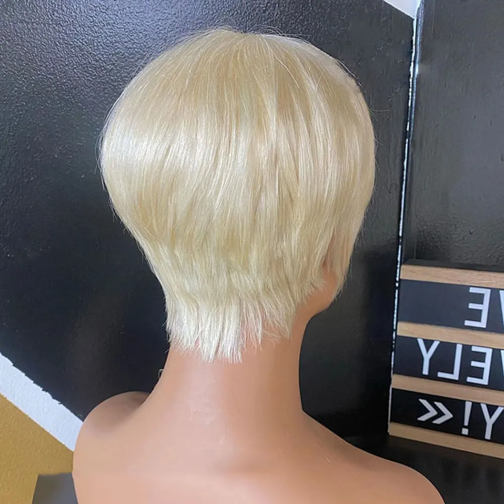 Short Blonde Wig with Bangs Short Pixie Cut Wig Human Hair 613 Blonde Human Hair Wig for Women Full Machine Party Cosplay Wigs