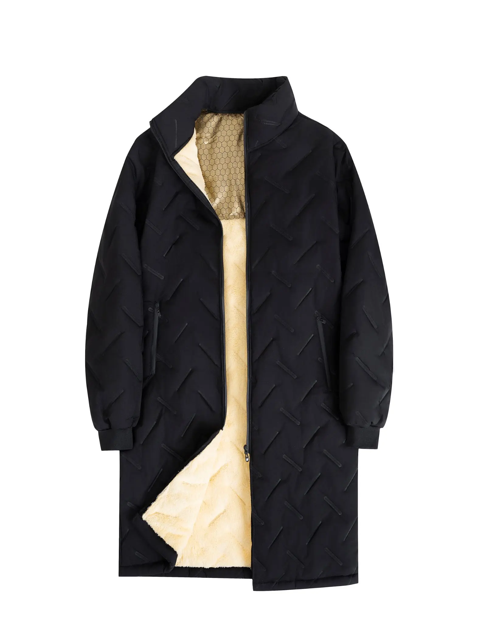 Men Mid-length Stand Collar Padded Coat, Quilted Stitch Craft, Lined Thick Warm Inner, Full Zipper Front, Side Zipper Pockets, Rib Cuffs, Loose Fit, Winter Outdoor Warm Long Jacket