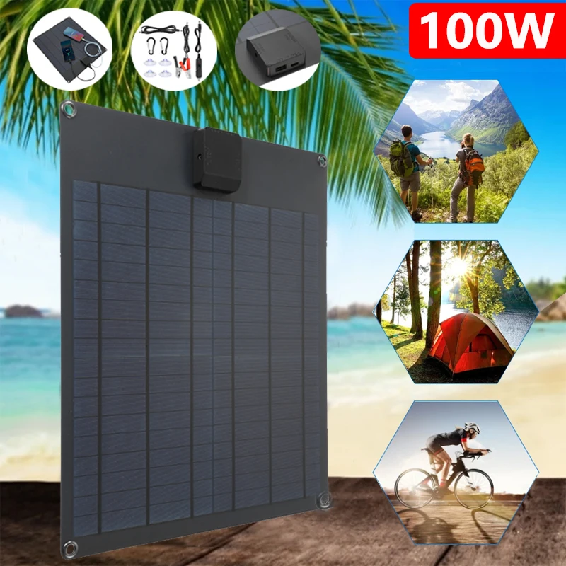 100W Solar Panel Waterproof Portable 5V Dual USB Solar Cell 12V Battery Chager for Outdoor Phone Camping Mobile Power Supplies