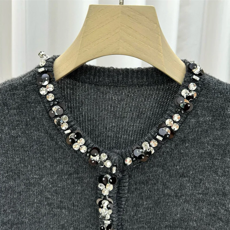 سترة للنساء شتاء جديد 2025 صدر واحد بقصة ضيقة وأكمام طويلة سترة نسائية مزيج الصوف y2k ترتر حبة تريكو