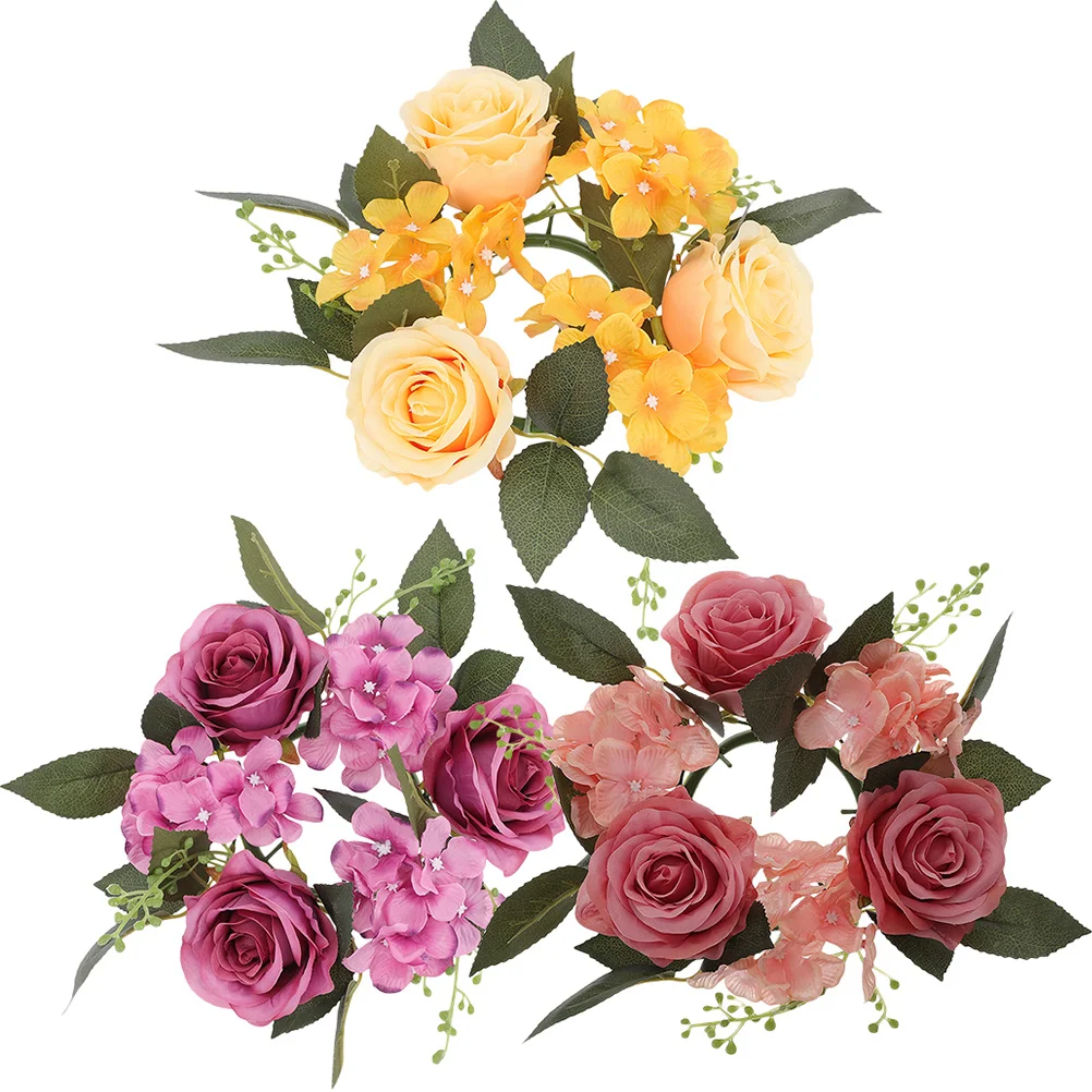 

3Pcs Simulation Rose Candlestick Wreaths Holiday Rings Perfect Wedding Table Centerpieces Decorations Garland