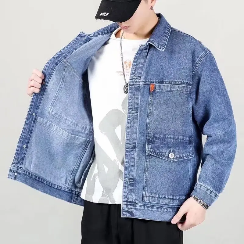 

Loose Fit Men's Denim Jaet Spring Autumn Large Size Casual Workwear Jaet Multiple kets Open Cardigan Sle Outerwear