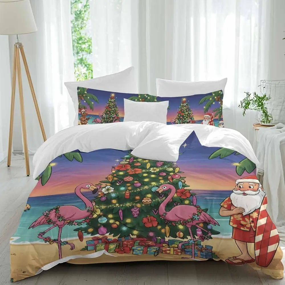 

Chrisas Tree Beach Sheet Set, Cartoon SClaus lamigo Xmas Tree Gits Beach Ocean 4 Pieces Breathable Sot Duvet Cover Set Bedding C