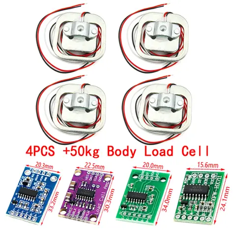 HX711 AD 모듈 본체 로드셀 계량 센서 압력 센서 + 4Pcs 50kg 인간 스케일 로드셀 무게 센서 + 측정 도구