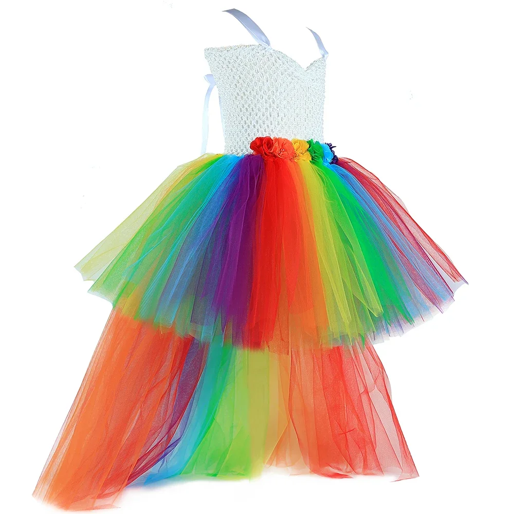 Vestido de tutú de arcoíris con cuello en V para niñas, tren de flores, vestidos de princesa de tul para niños pequeños, fiesta de cumpleaños,
