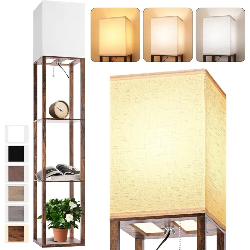 

Floor Lamp with Shelves for Living Room Brown, Shelf Floor Lamp with 3 CCT LED Bulb, Corner Display Standing Column Lamp