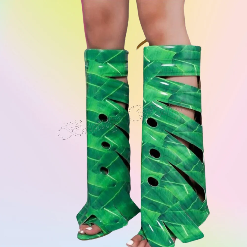 

Green Peep Toe Hollow Boots Back Zipper Knee High Shoes Stilettos Heel High Heel Shoes for Women Shoes 2025 Zapatos Para Mujere