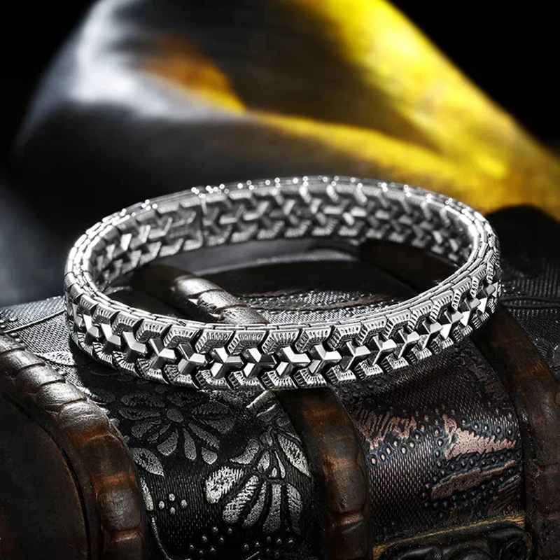OUYADI Mens S925 Sterling Silver Vintage Armor Wristband Wide 3 Texture Pattern Punk Hip Hop Festival Jewelry