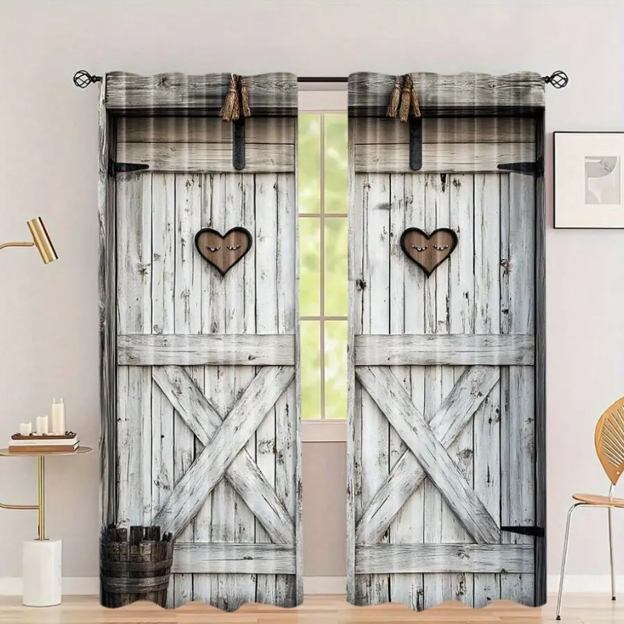 2pcs Rustic Barn Door Curtain Wood Heart Print Window Drape Farmhouse Bedroom Living Room Home Decor Blackout Thermal