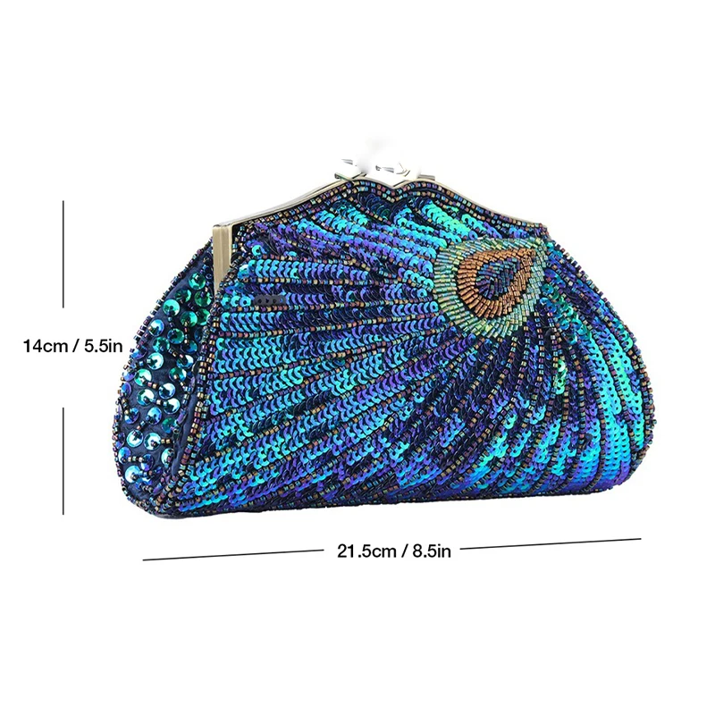 Women'S Clutches Evening Bags with Handle Peacock Pattern Sequins Beaded Bridal Handbags Luxury Lady Shoulder Messenger Purse