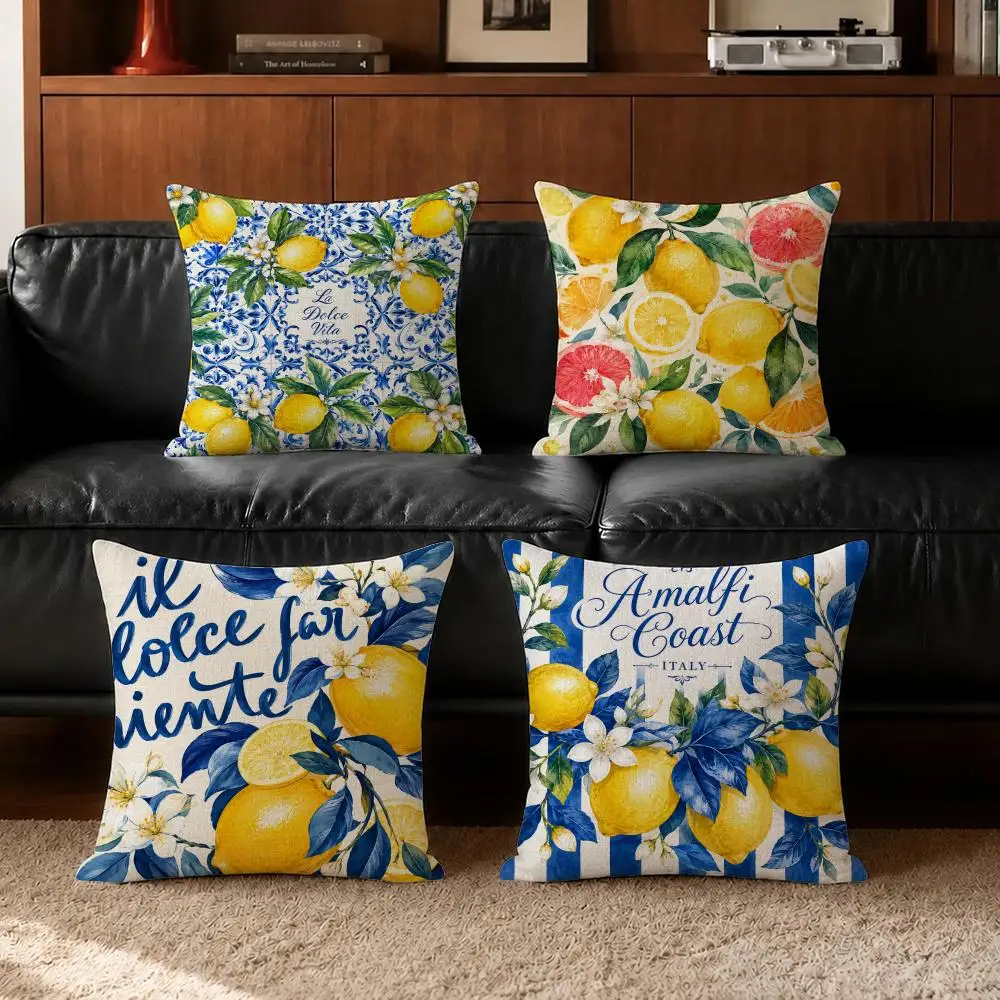 Pattern Italian Amalfi Coast Lemon Cushion Cover Cushion Covers Natural Linen Breathable Sofa Bedroom Decor Pillowcase