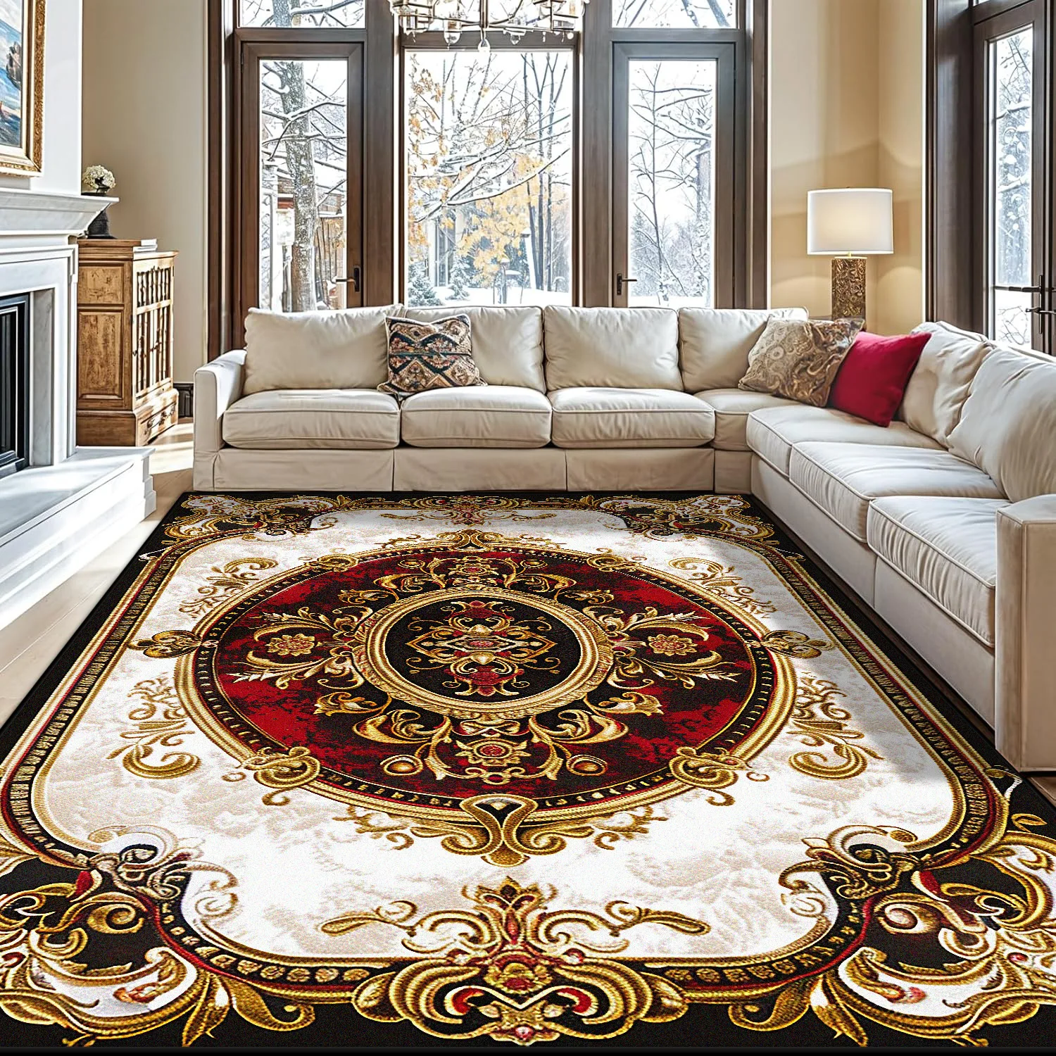 European Red Golden Large Area Rugs Living Room Decoration Home Sofa Area Carpet Gorgeous Bedroom Non-slip Floor Mat Washable