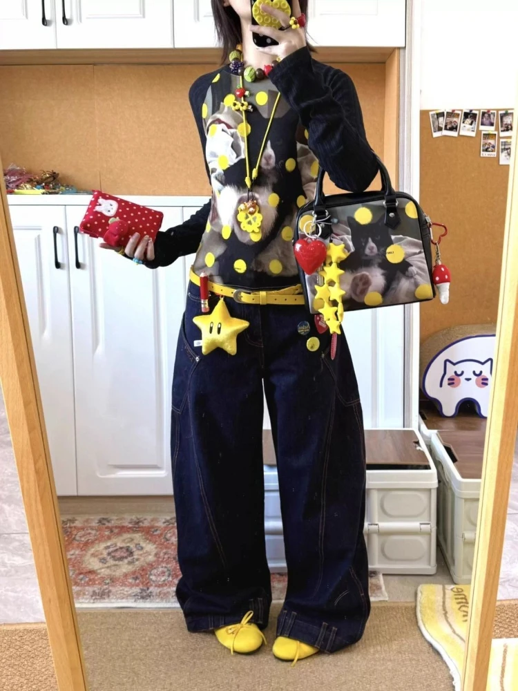 HOUZHOU Y2k Vintage T-shirt Women Harajuku Japanese Style Kawaii Print T Shirts Juminocore Female Long Sleeve Tees Streetwear