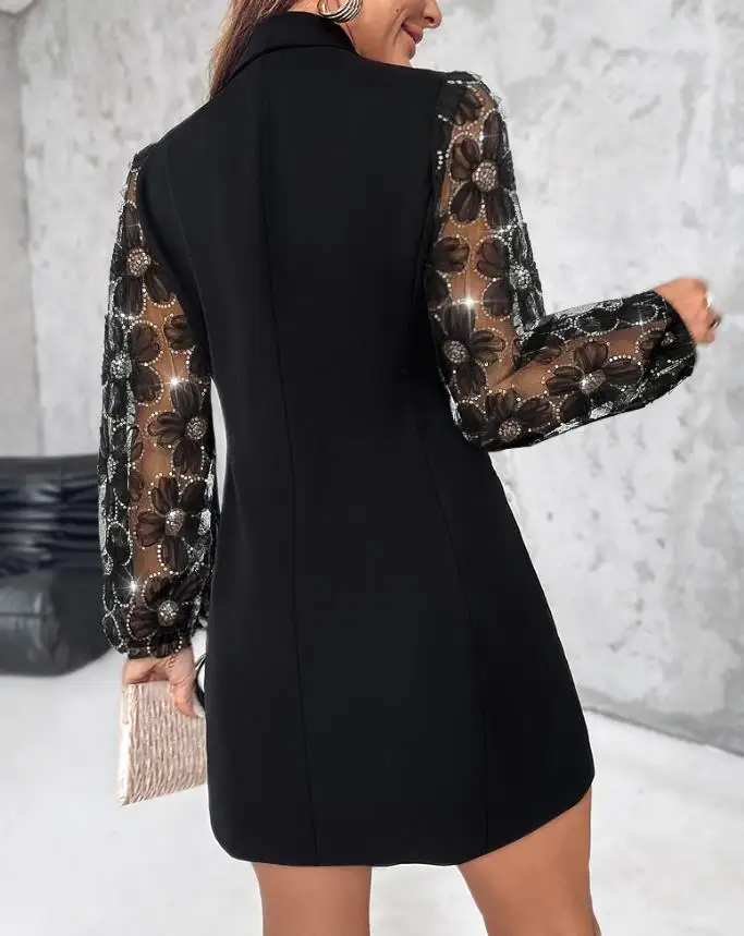 

2025 Women's Double - Breasted Blazer Dress Floral Mesh Lace Sequin Lantern Sleeve Shawl Collar Cinched Waist Stylish Dress
