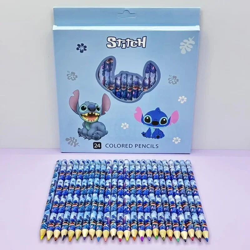 

New Stitch 24pcs Anime Pencil Set Kawaii Kids Stationery Gift Box with Sharpener Children's School Supplies Gift Hot Sales
