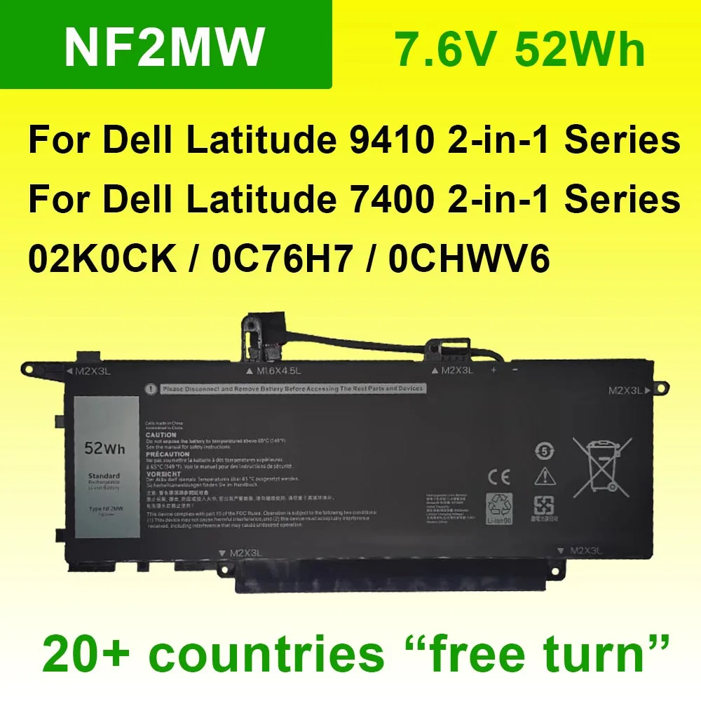 

7.6V 52Wh NF2MW Laptop Battery For Dell Latitude 7400 9410 2-in-1 Series Rechargeable Li-Ion Batteries 02K0CK 0C76H7 0CHWV6