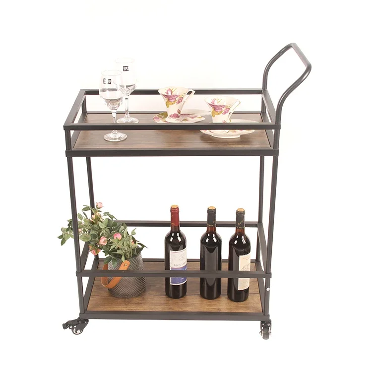 

Movable Industrial Vintage Style Wood Metal Serving Trolley Wine Bar Cart with Wheels for Living Room