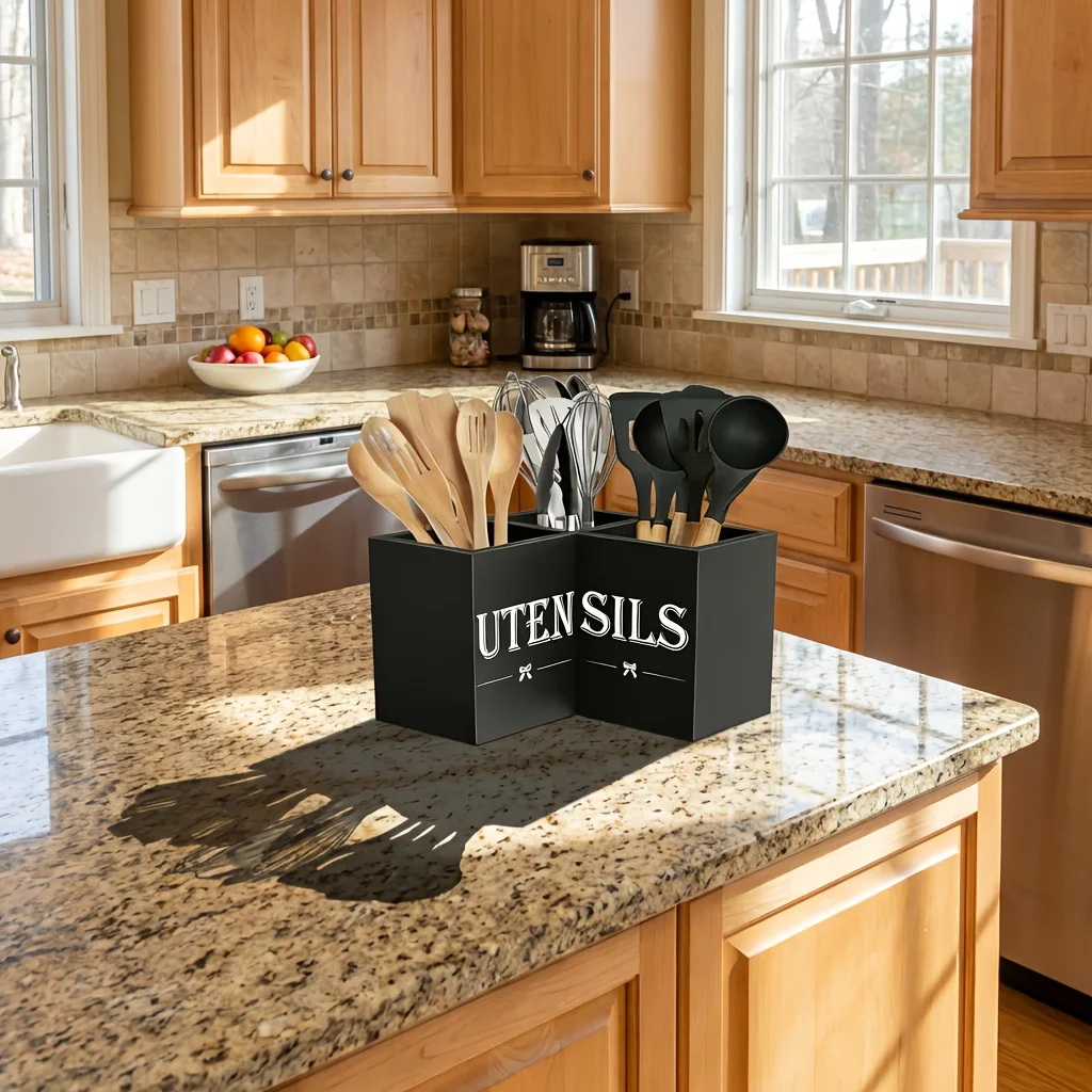 

Органайзер для кухни черный: очень большой держатель для кухонных принадлежностей с 3 отделениями - деревянный настольный органайзер для лопаток