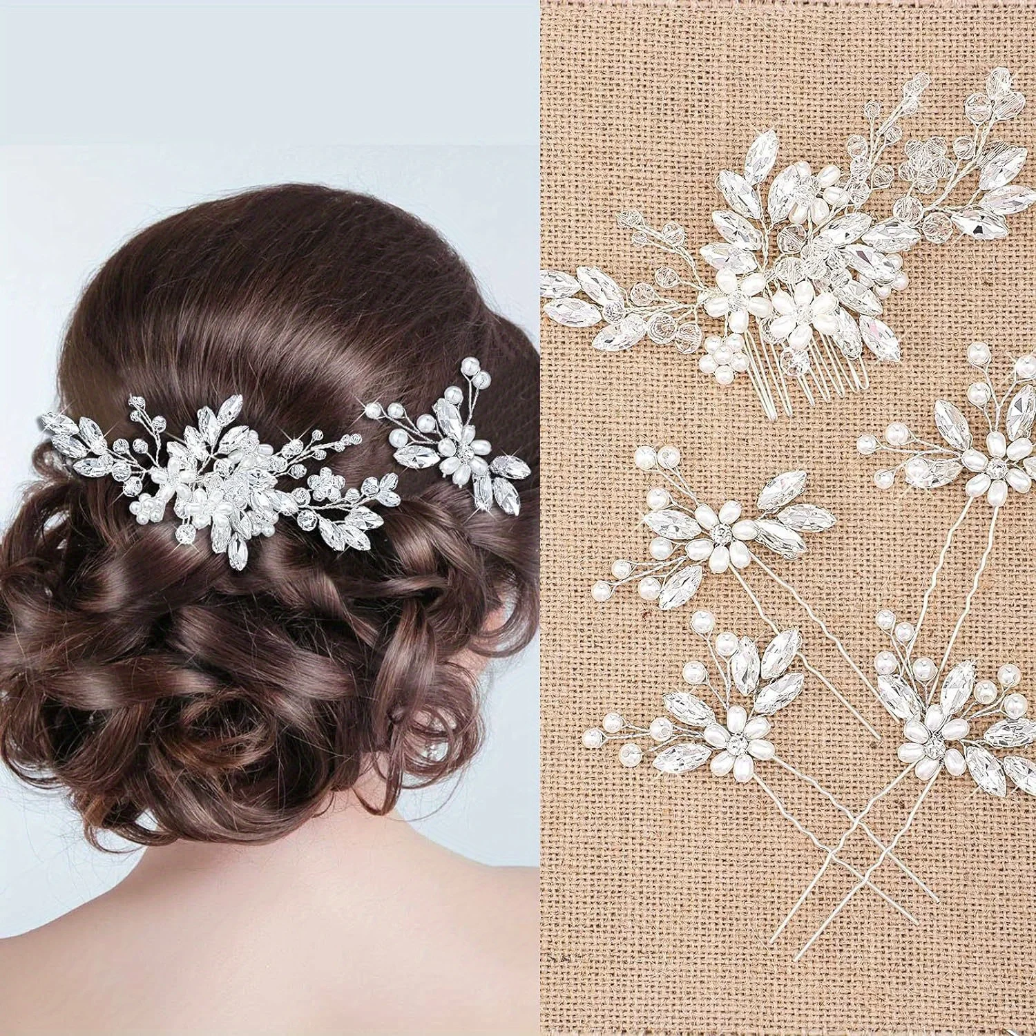 

5 Pieces Hair Side Comb Pins Pearl Crystal U-shaped Rhinestone Hair Accessories for Wedding Brides Women Silvery