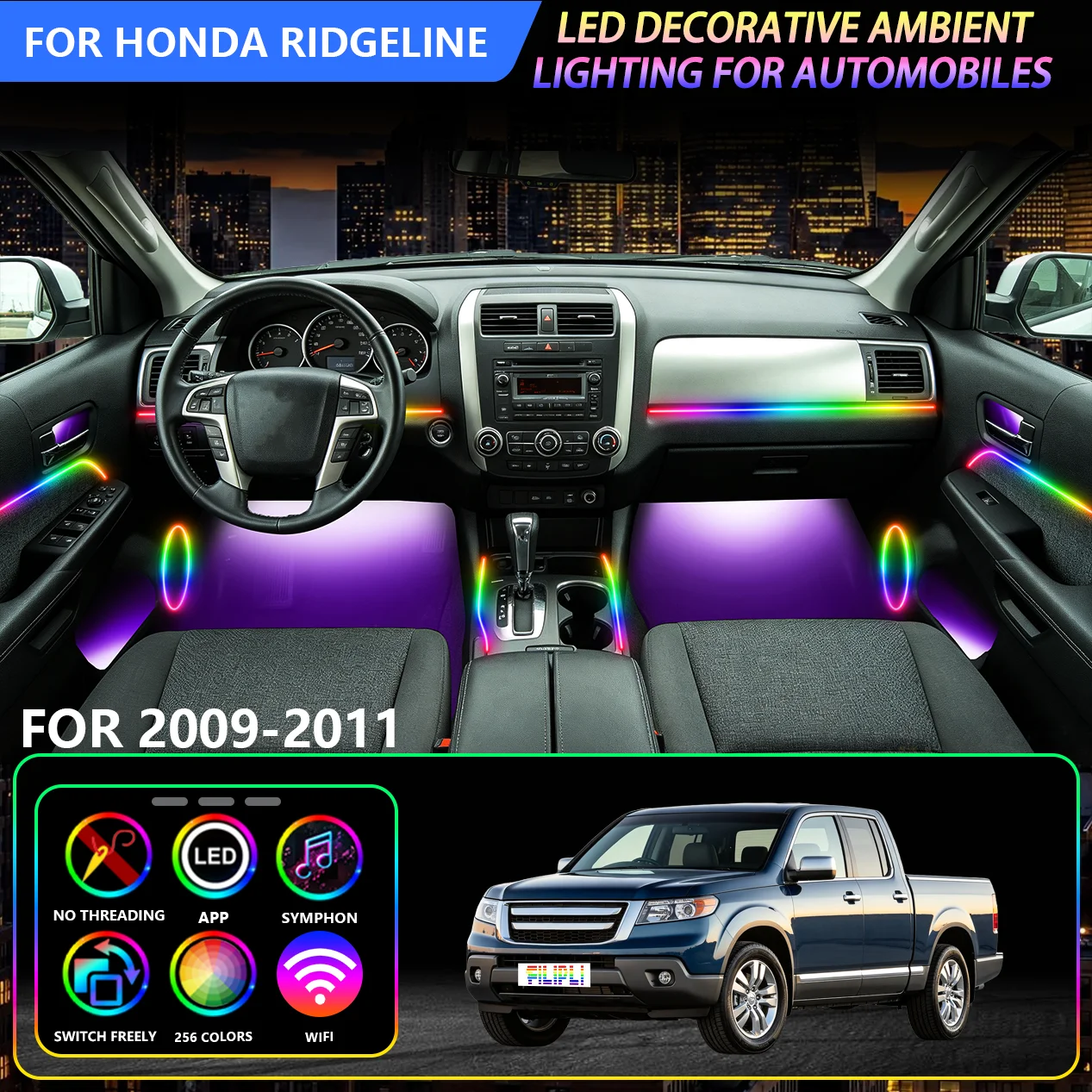 Automotive Iridescent  18 in 1 Ambient Lighting Fit For Honda Ridgeline 2009-2011, Multi Adjustable Colors & Dynamic Light Modes, One-Click Switch Light Effects, Stable Power Output, Low Component Loss Car Interior Decor Light