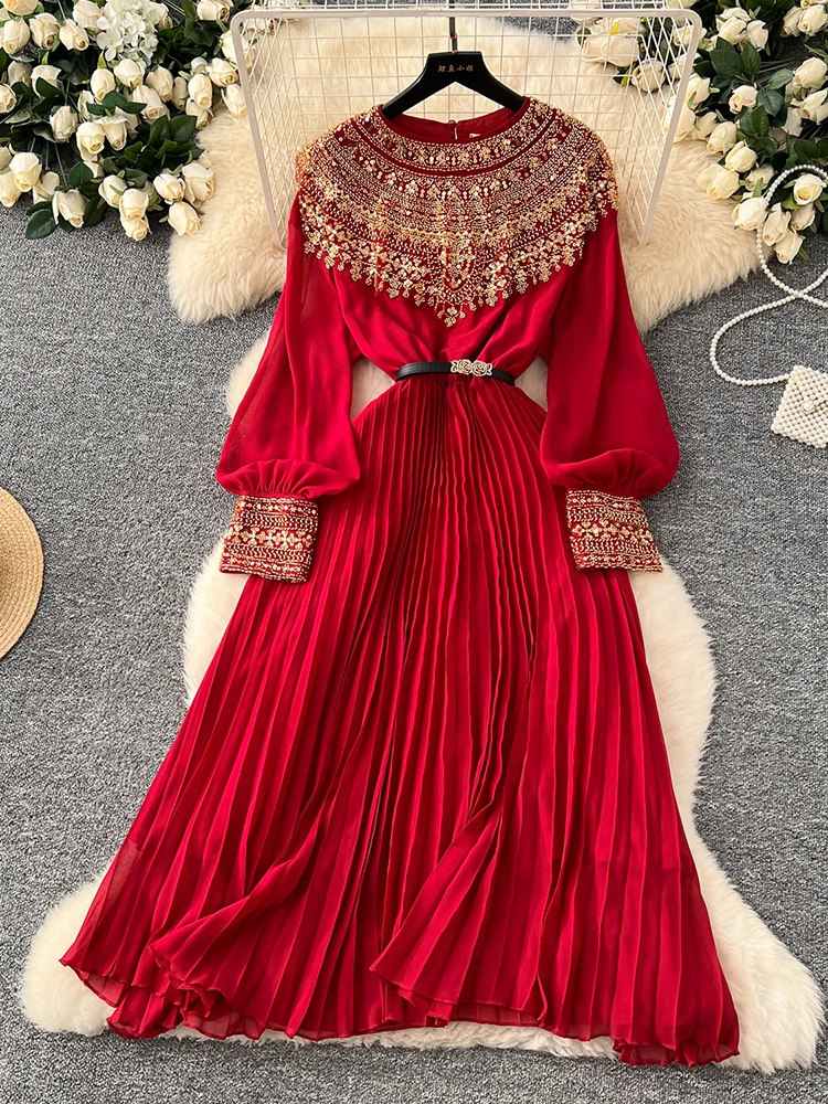 

Spring Autumn French Sequin Nail Bead Long Sleeved Dress Women New Elegant Temperament Birthday Party Pleated Long Dress C227