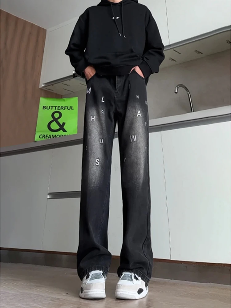 

Черные мужские джинсы прямого кроя, повседневные, с эффектом потертости, облегающие, в американском стиле, для зимы, удобные, широкие брюки, молодежная мода