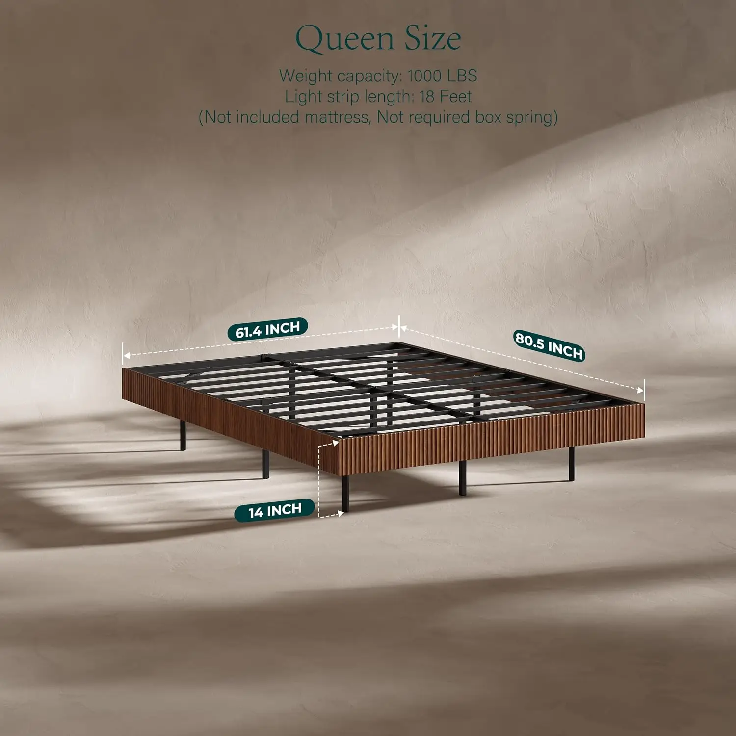 14In High Walnut Queen Floating Bed Frame with led Lights | Fluted Platform Bed with Decorative Surround, Heavy Duty Mid Century