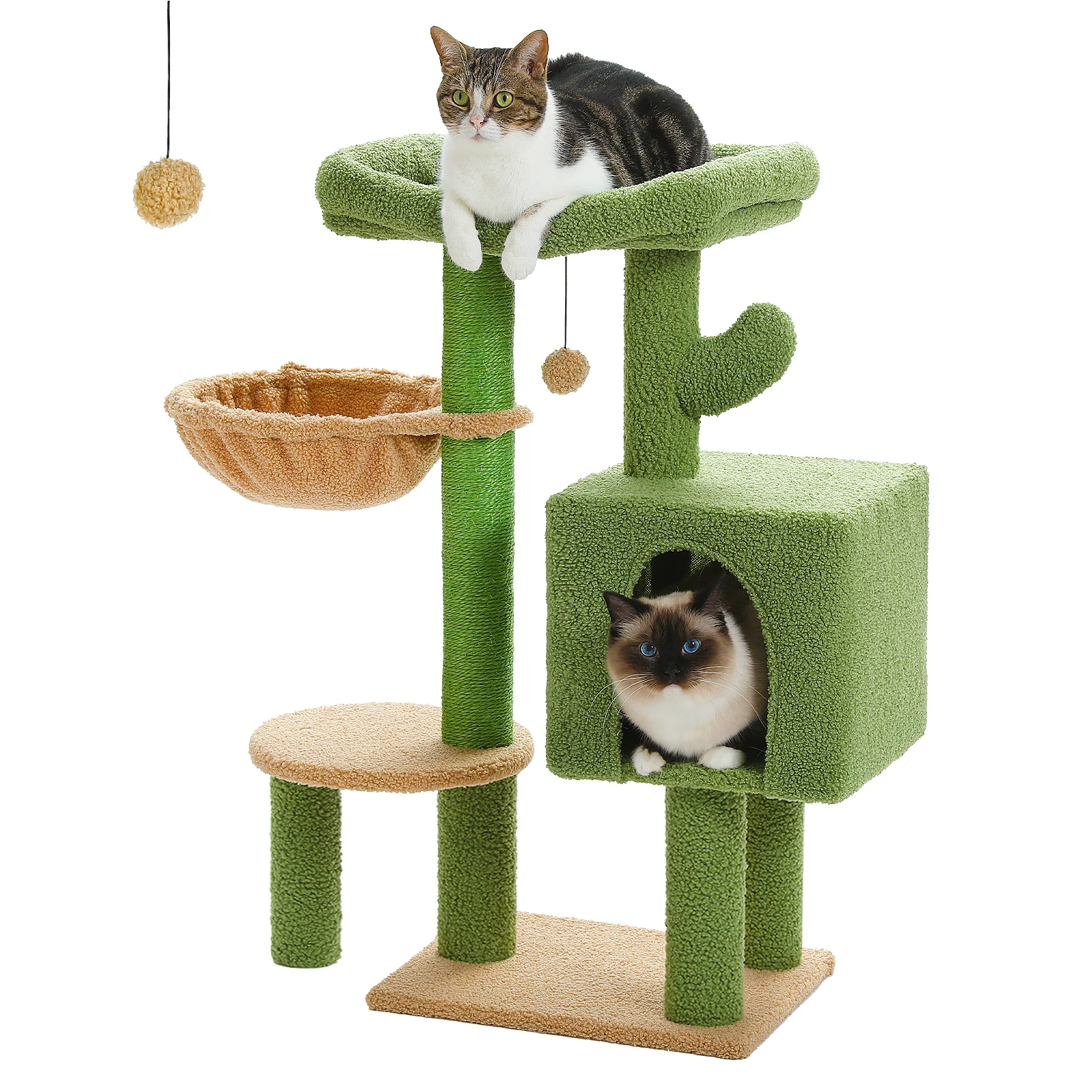 H90CM Cactus Cat Tree Tower Cat Condo for Indoor w/Large Padded Perch Comfy Hammock Scratching Post Dangling Ball arbre a chat