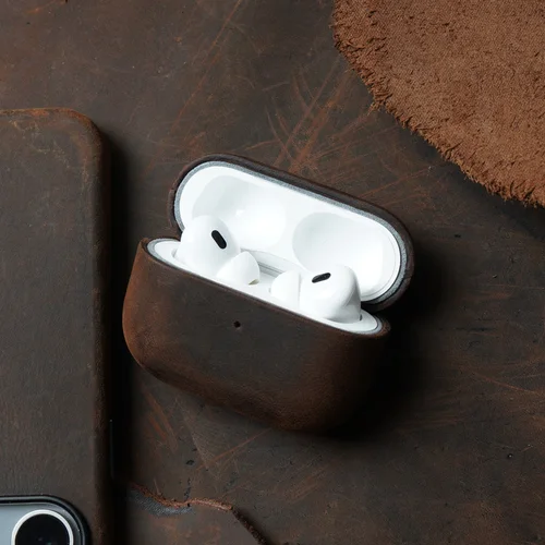 Imagen 2 del producto Funda de cuero genuino italiano Crazy Horse para AirPods Pro 3 2 fundas de lujo funda para auriculares inalámbricos con Bluetooth