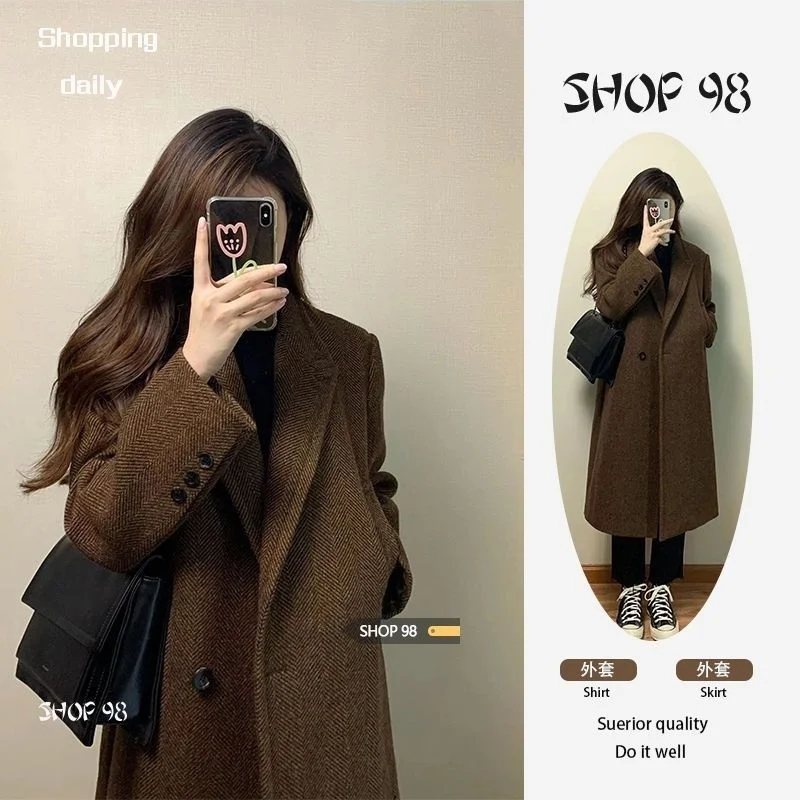 Plus Size high-end coffee colored Long suit jacket for women\'s Blazer Loose casual Thick Trench woolen coat for autumn and winte