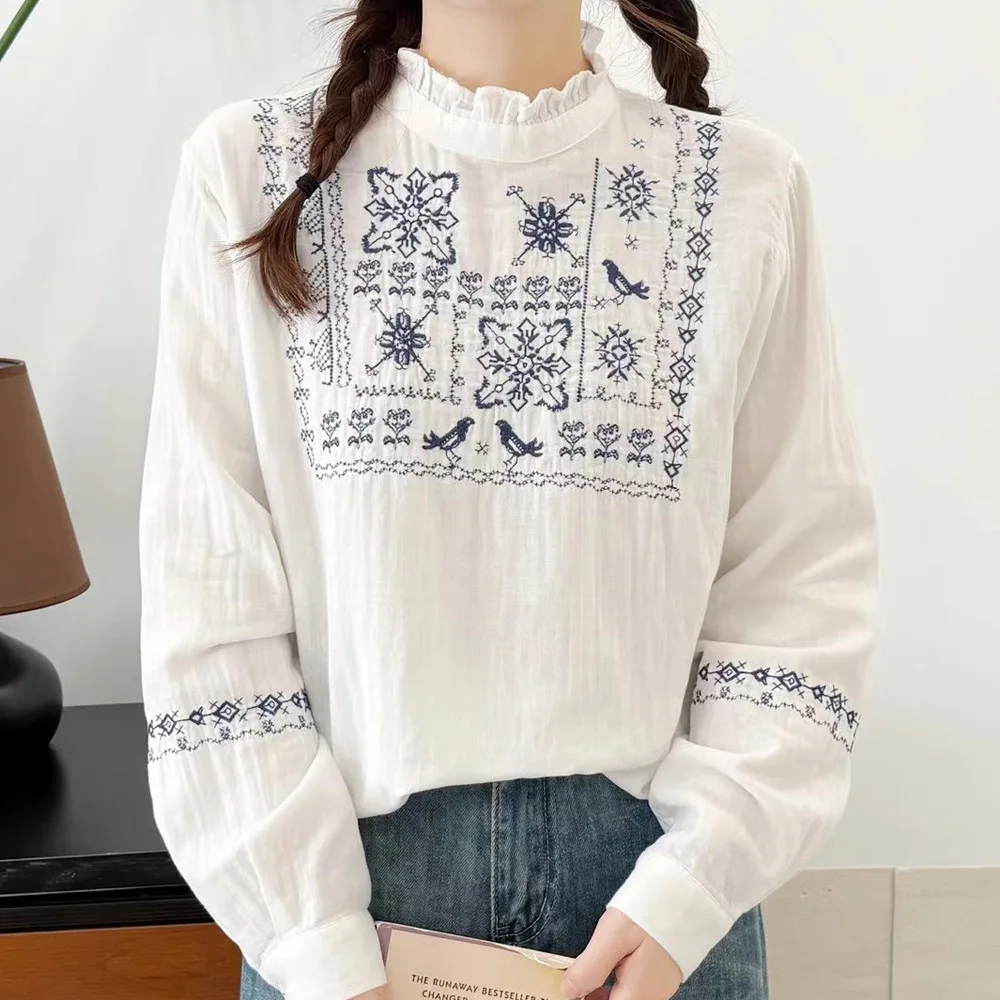 2026 mori kei roupas étnicas de algodão bordado camisas brancas gola macia respirável blusas de manga comprida
