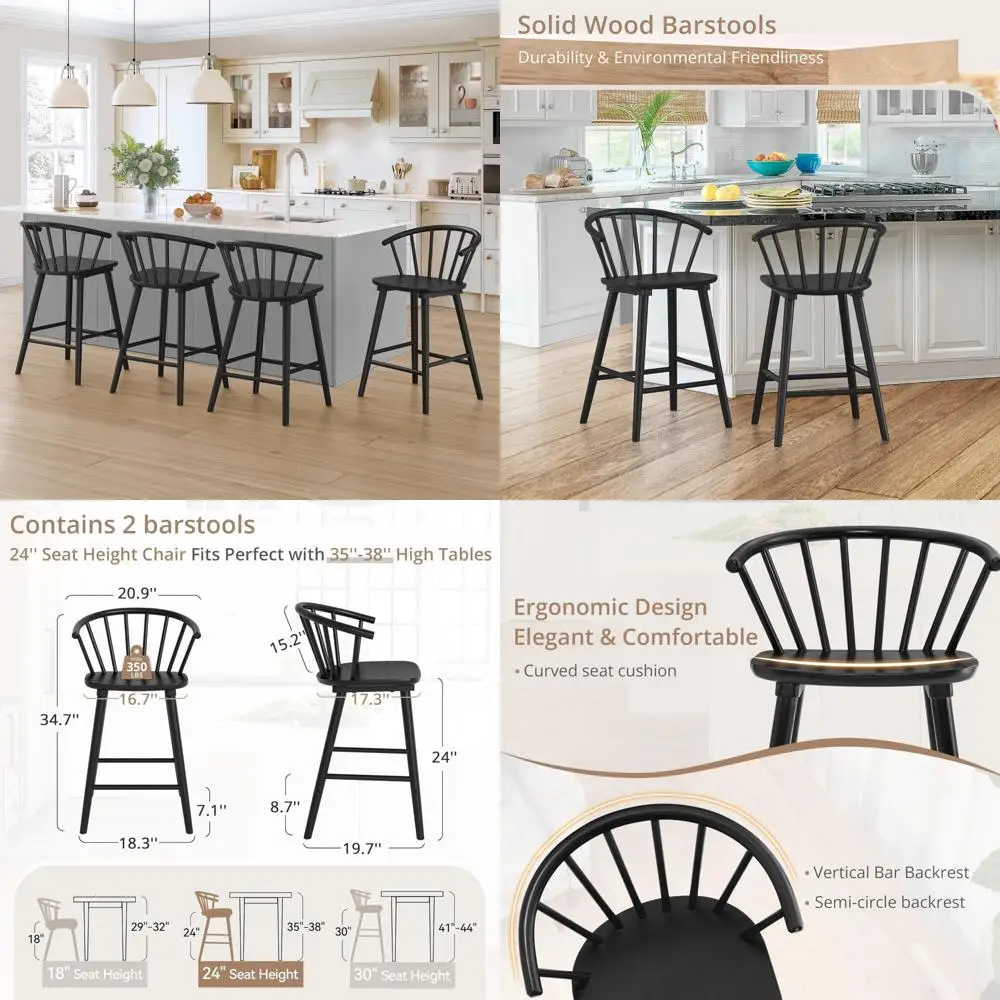 مجموعة مقاعد بار بارتفاع مضادة على طراز المزرعة الحديثة في منتصف القرن مكونة من قطعتين، باللون الأسود مع مسند ظهر نصف دائري