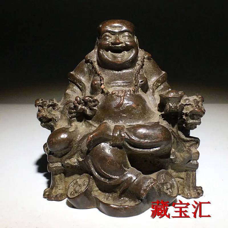 Antique Bronze Laughing Buddha Maitreya Statue Fortune Ingot Sitting Figure Rural Excavated Old Decor