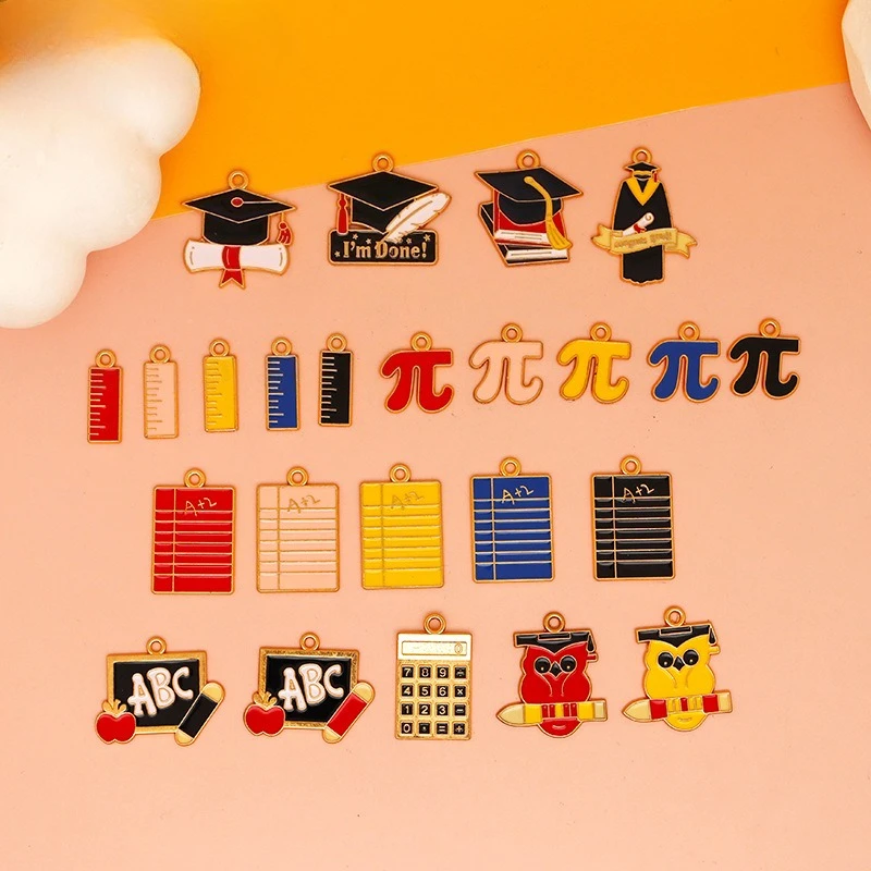 Educational Themed Enamel Charms Graduation & Math (π, Ruler) School Supplies (Notebook, ABC) Pendants for DIY Jewelry & Crafts