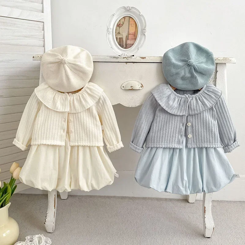 2025 New Autumn Infant Baby Girls Clothing Set Long Sleeved Cardigan Coat+Sleeveless Jumpsuit 0-24M Children Clothes Suit