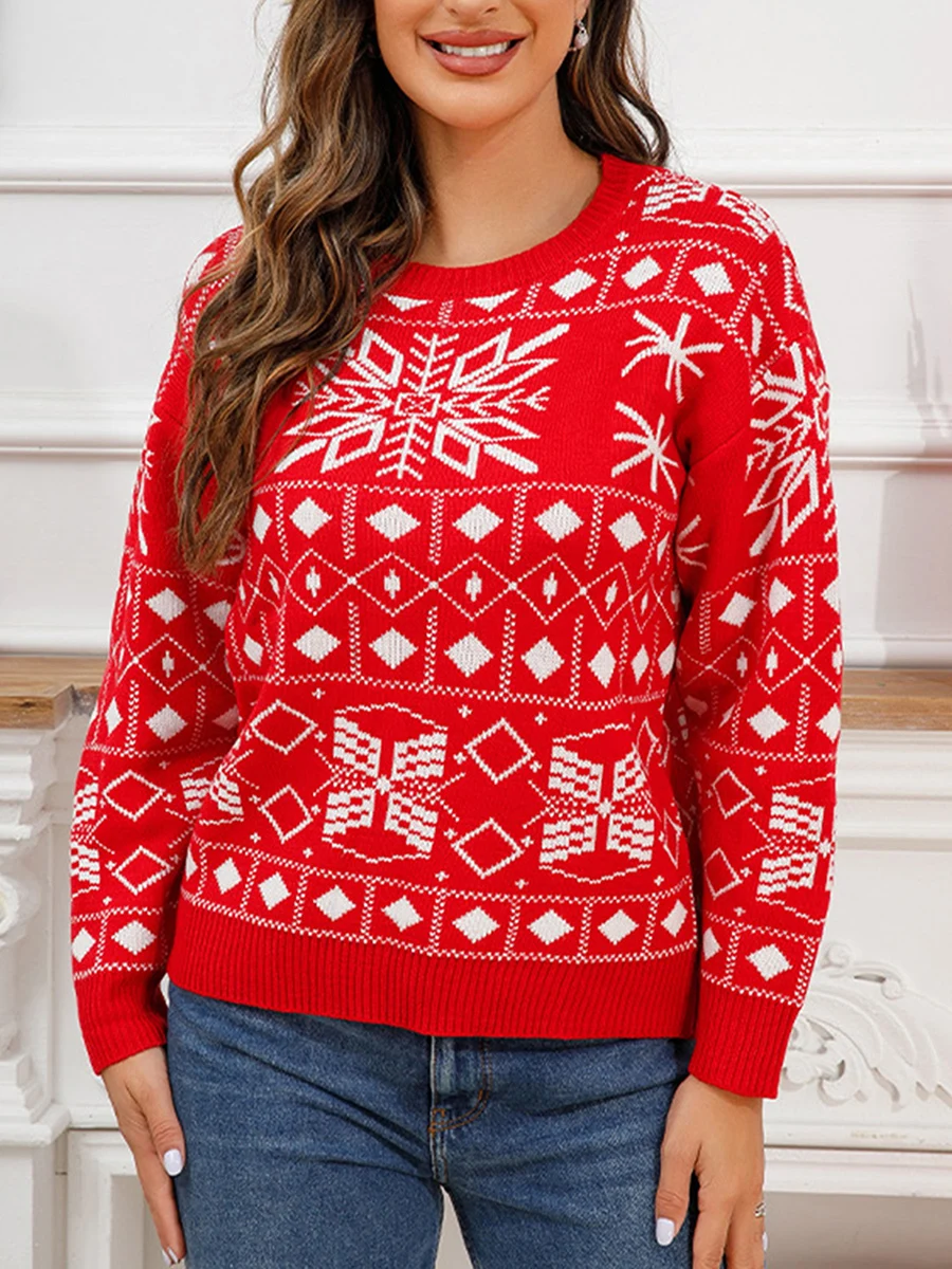 Women s Christmas Sweaters Classic Snowflake Graphic Print Long Sleeve Round Neck Pullover Knit Tops