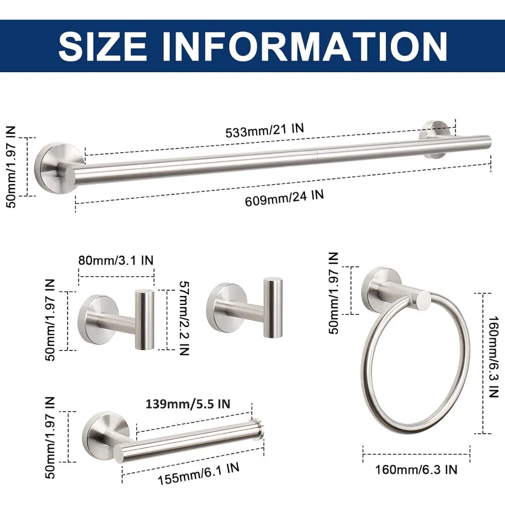 مجموعة أدوات الحمام المصنوعة من الفولاذ المقاوم للصدأ مع رف المناشف وحلقة وحامل ورق التواليت