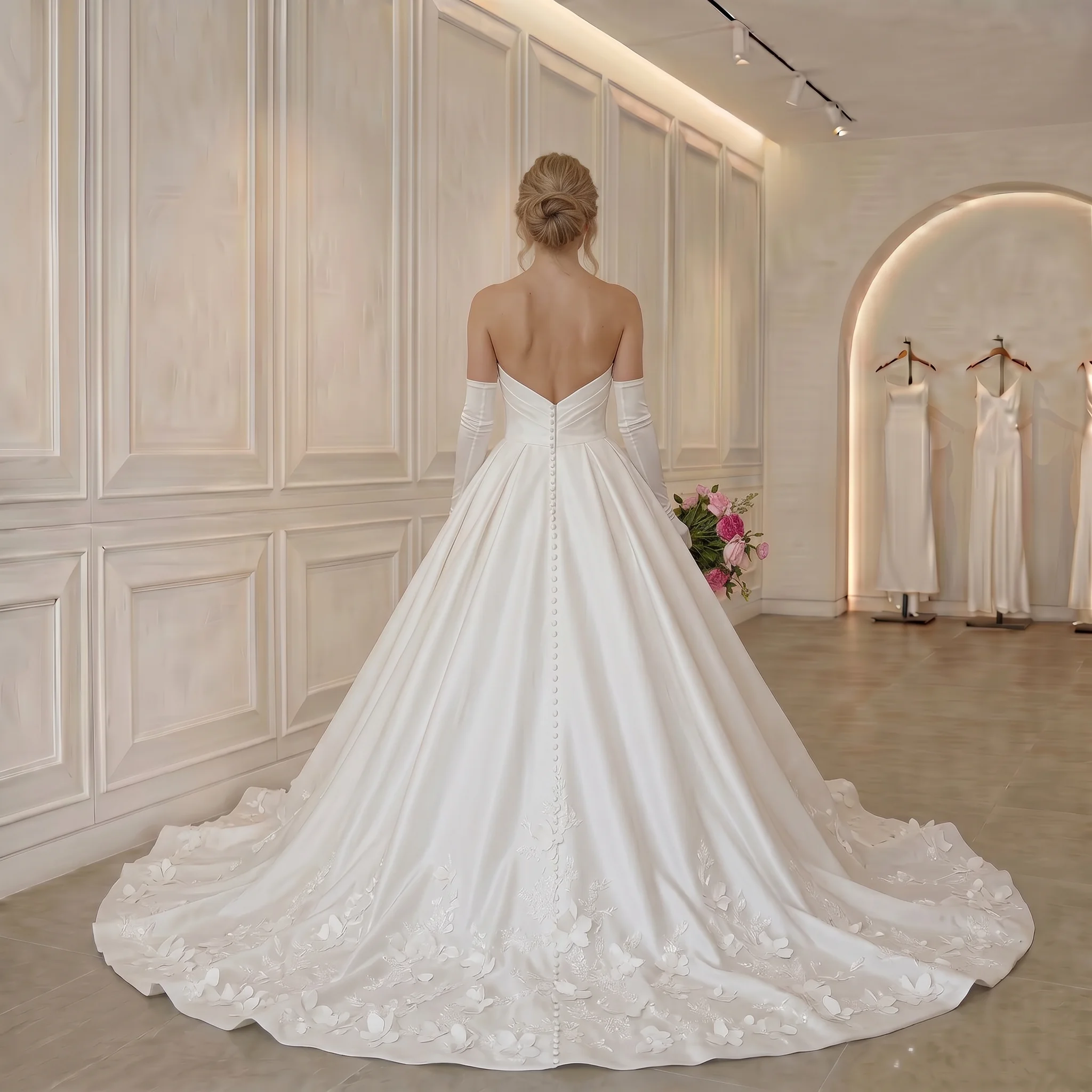Satin Ballgown Wedding Dress 3D Floral Appliques Cathedral Train Princess Bridal Gown Custom Ivory Vestido De Novia
