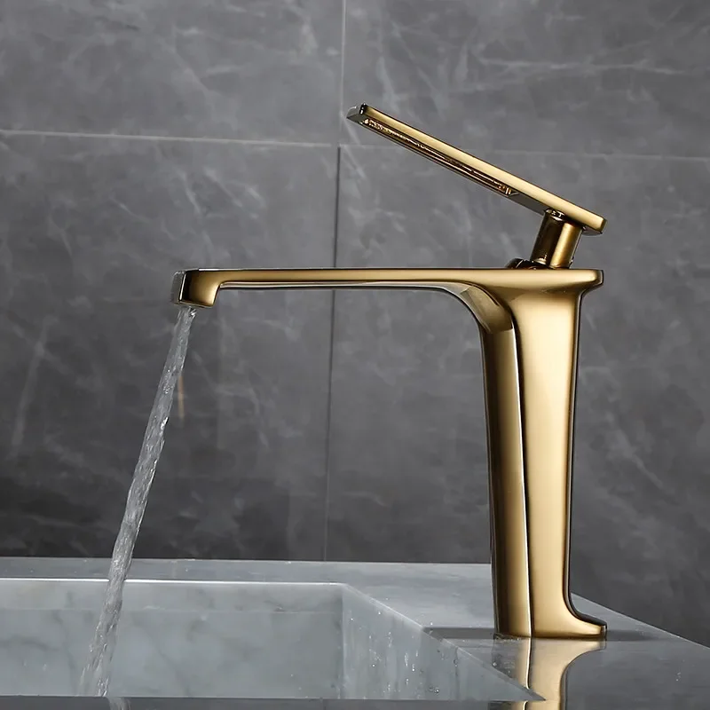 

Shining Gold Faucet Bathroom Basin Hot Cold Sink Water Mixer Crane Deck Mounted Single Hole Tap