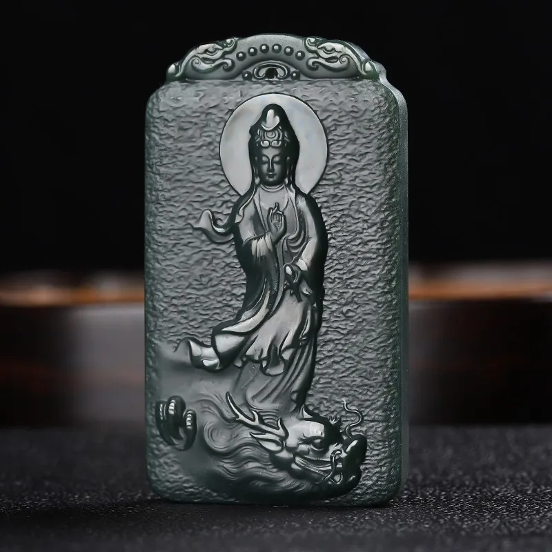 

Natural Nephrite Chinese Hetian Jade Guanyin Bodhisattva Dragon Pendant Necklace Men Women Lucky Charms Buddhism Amulets