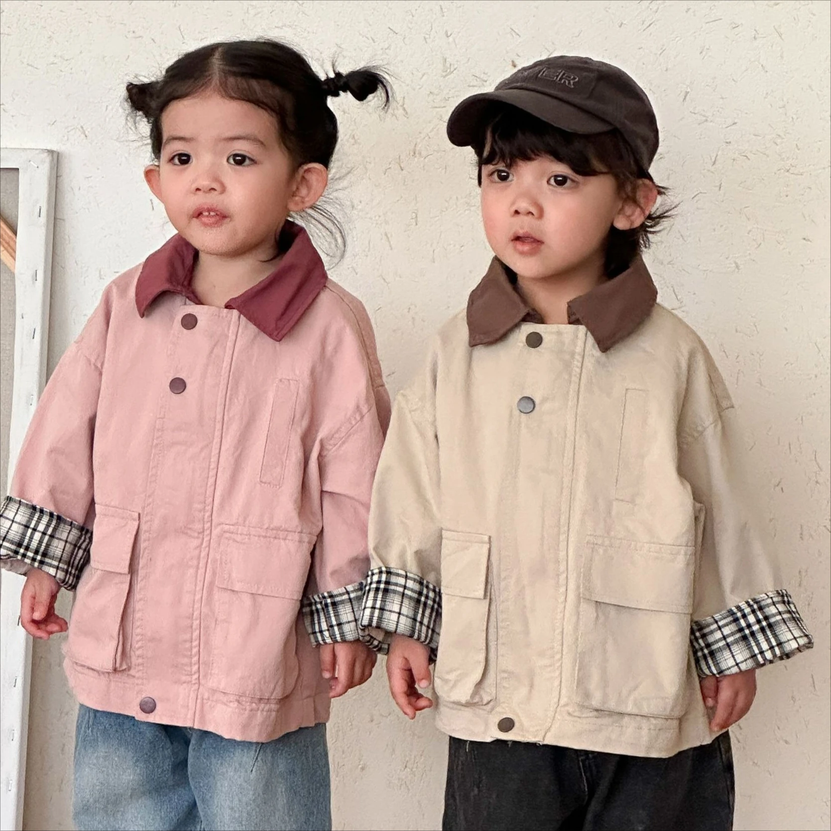 Jacket 2026 Spring and Summer New Childrens Clothing Korean Style Boys and Girls Fashion Loose Plaids Roll Hem Jacket