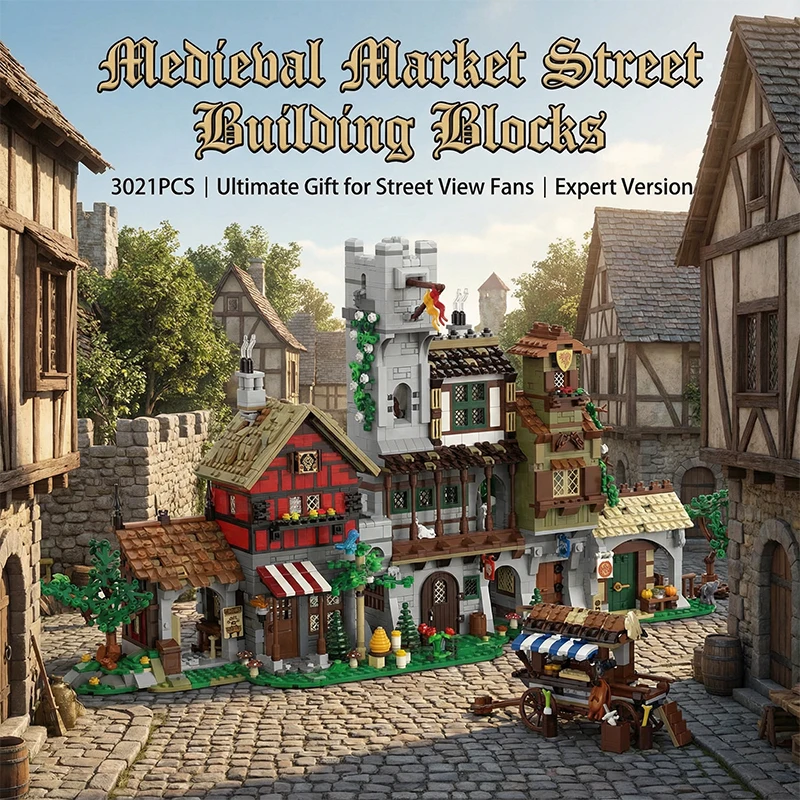 3021PCS Medieval Market Street Building Blocks Set Retro View Architecture Modular Assembly Model Collect Home Ornament Creative Toys Adult Gifts