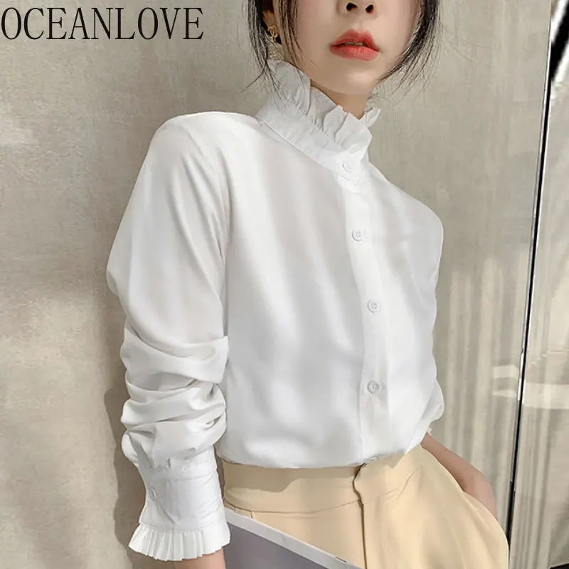 OCEANLOVE Women Shirts Stand Collar Solid Spring Autumn Office Lady Vintage Blouses Korean Style Ruffles Blusas Mujer Tops