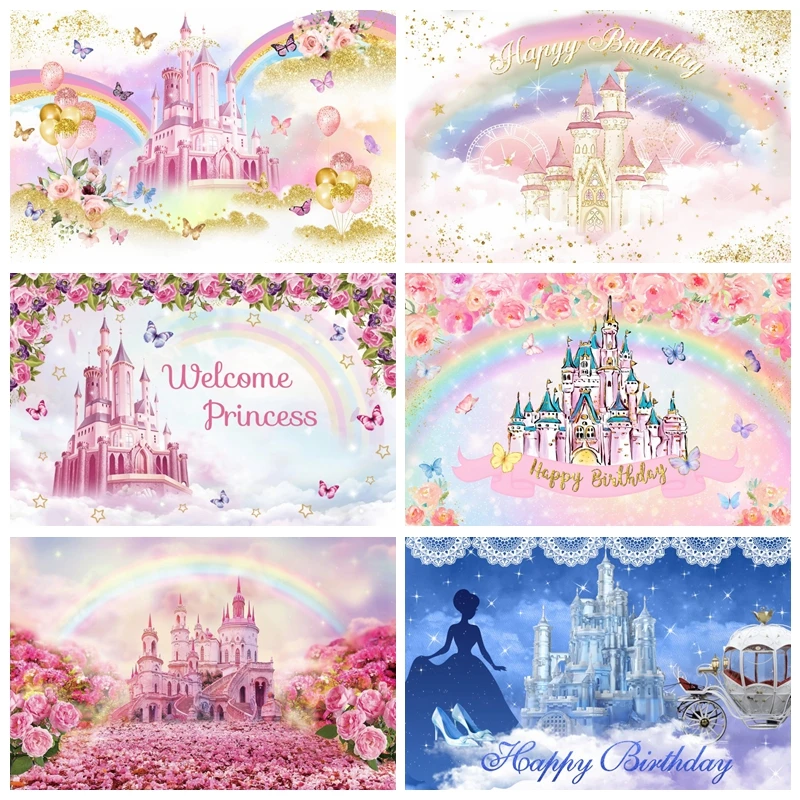 

Dreamy Flowers Castle Princess Girl's 1st Birthday Backdrops Photography Carriage Newborn Birthday Party Baby Shower Background